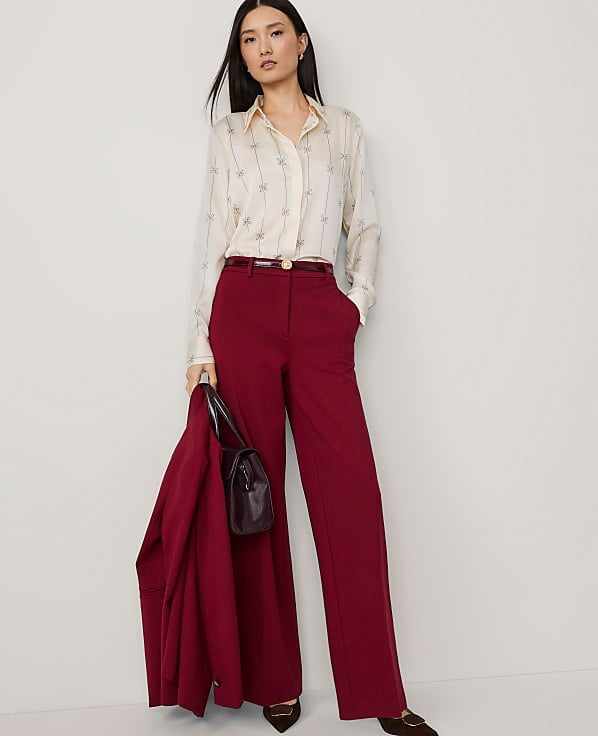 Burgundy Wide-Leg Trousers with a Cream Patterned Blouse for Workwear Burgundy Wide-Leg Trousers with a Cream Patterned Blouse for Workwear — Simple Burgundy Pants Outfits