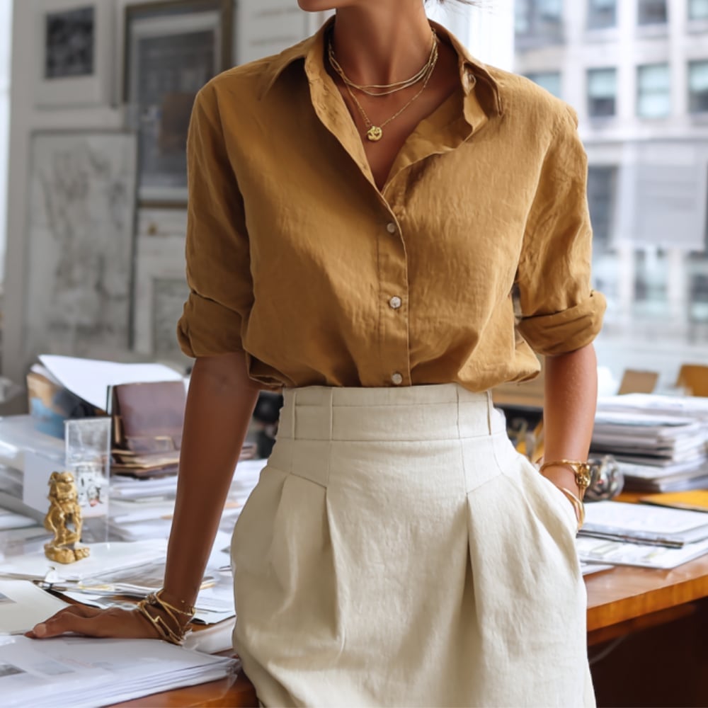 Relaxed Brown Linen Shirt with Pleated Cream Skirt Relaxed Brown Linen Shirt with Pleated Cream Skirt — Simple Button Down Outfits