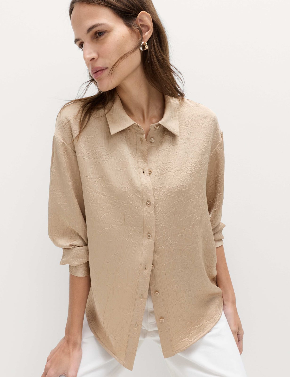 Textured Beige Shirt with Subtle Embossed Pattern, Close-Up Take Textured Beige Shirt with Subtle Embossed Pattern, Close-Up Take — Simple Button Down Outfits