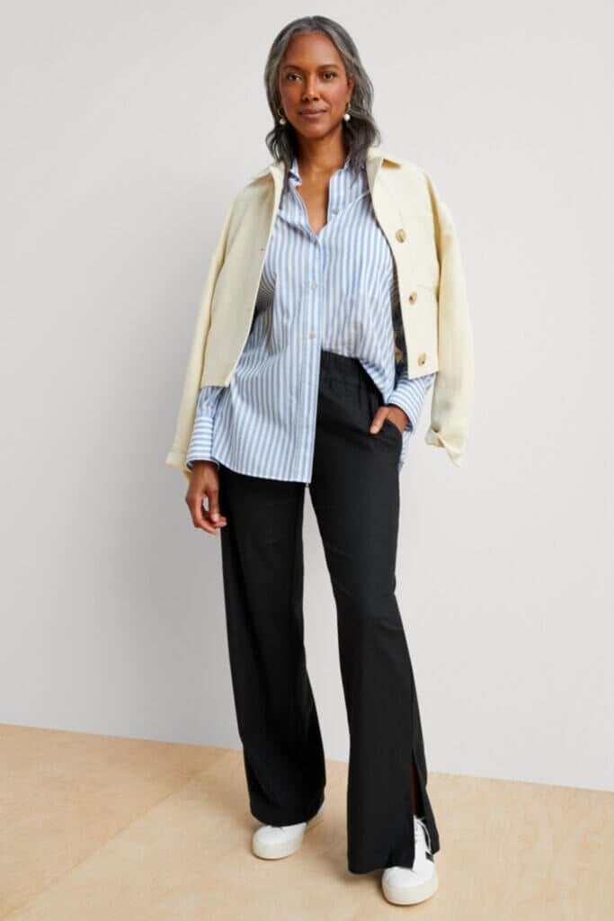 Striped Shirt with Jacket Over Black Trousers, Close-Up Take Striped Shirt with Jacket Over Black Trousers, Close-Up Take — Simple Button Down Outfits