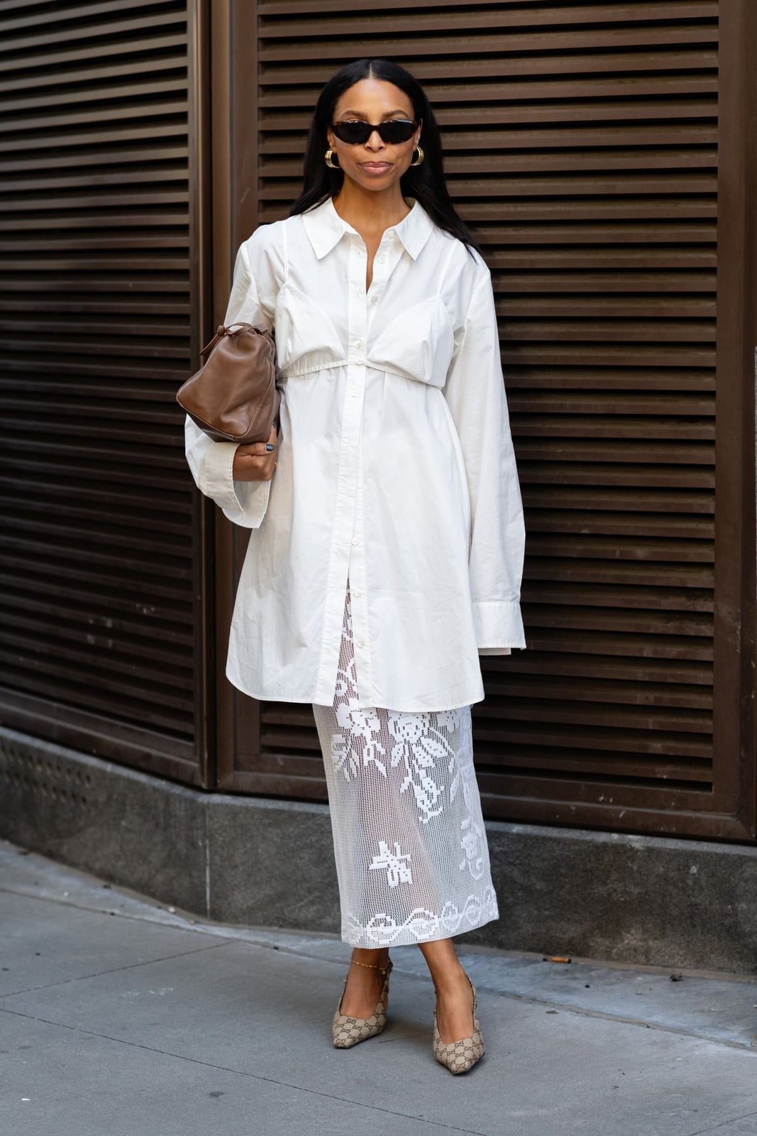 White Shirt with Lace Skirt and Patterned Heels and Gold Hoop Earrings White Shirt with Lace Skirt and Patterned Heels and Gold Hoop Earrings — Simple Button Down Outfits