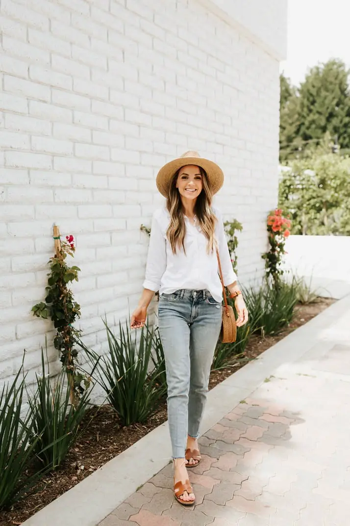White Shirt with Slim Jeans and Tan Sandals White Shirt with Slim Jeans and Tan Sandals — Simple Button Down Outfits
