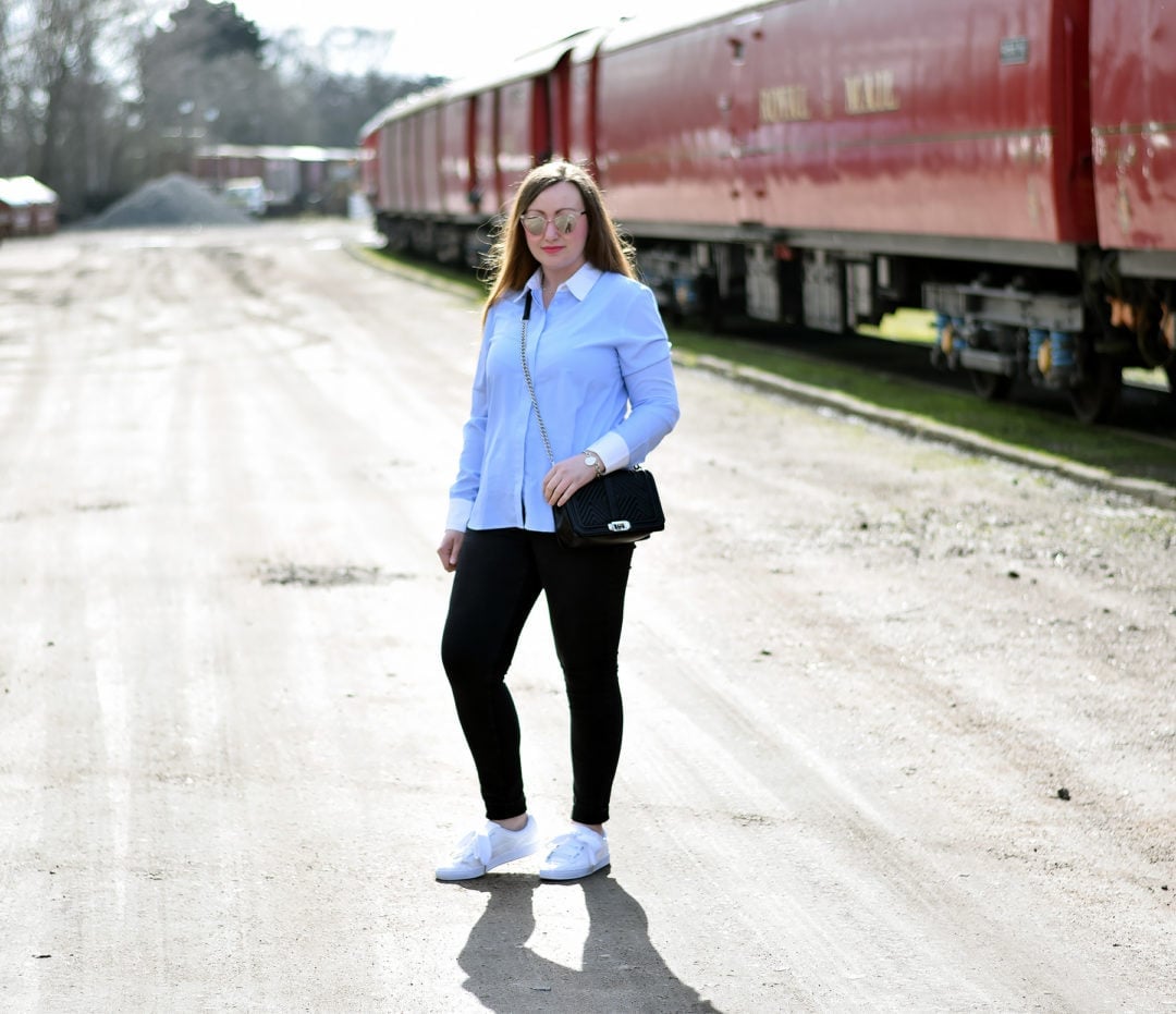 Light Blue Shirt with Skinny Pants and Sneakers Light Blue Shirt with Skinny Pants and Sneakers — Simple Button Down Outfits