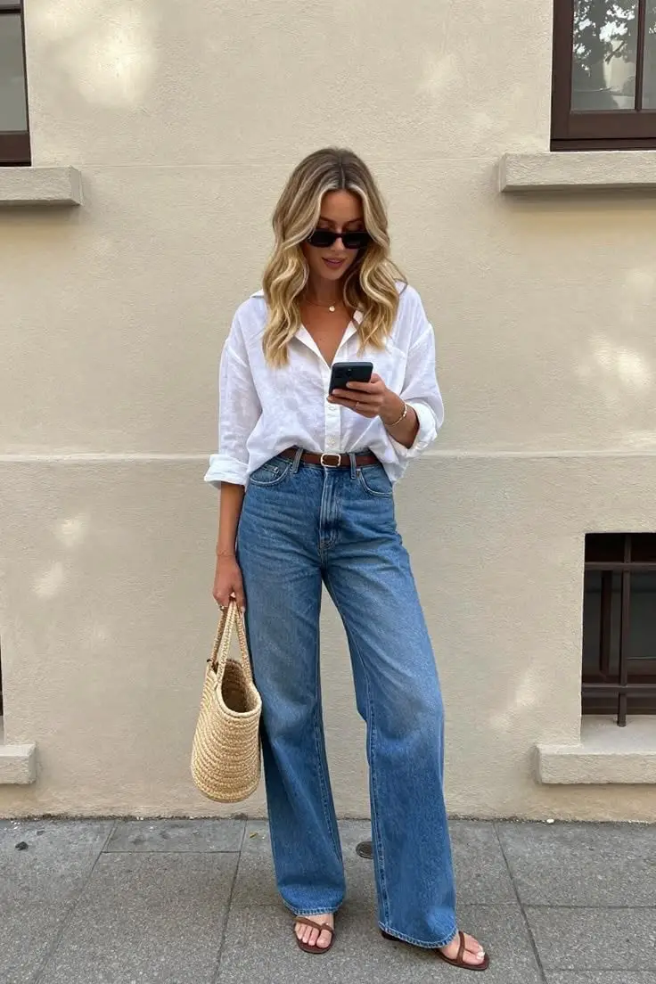 White Linen Blend Shirt with Denim Jeans and Sandals White Linen Blend Shirt with Denim Jeans and Sandals — Simple Button Down Outfits