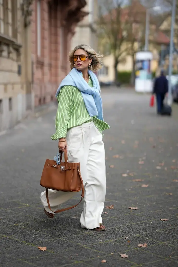 Striped Green Shirt with White Pants and Draped Sweater Striped Green Shirt with White Pants and Draped Sweater — Simple Button Down Outfits