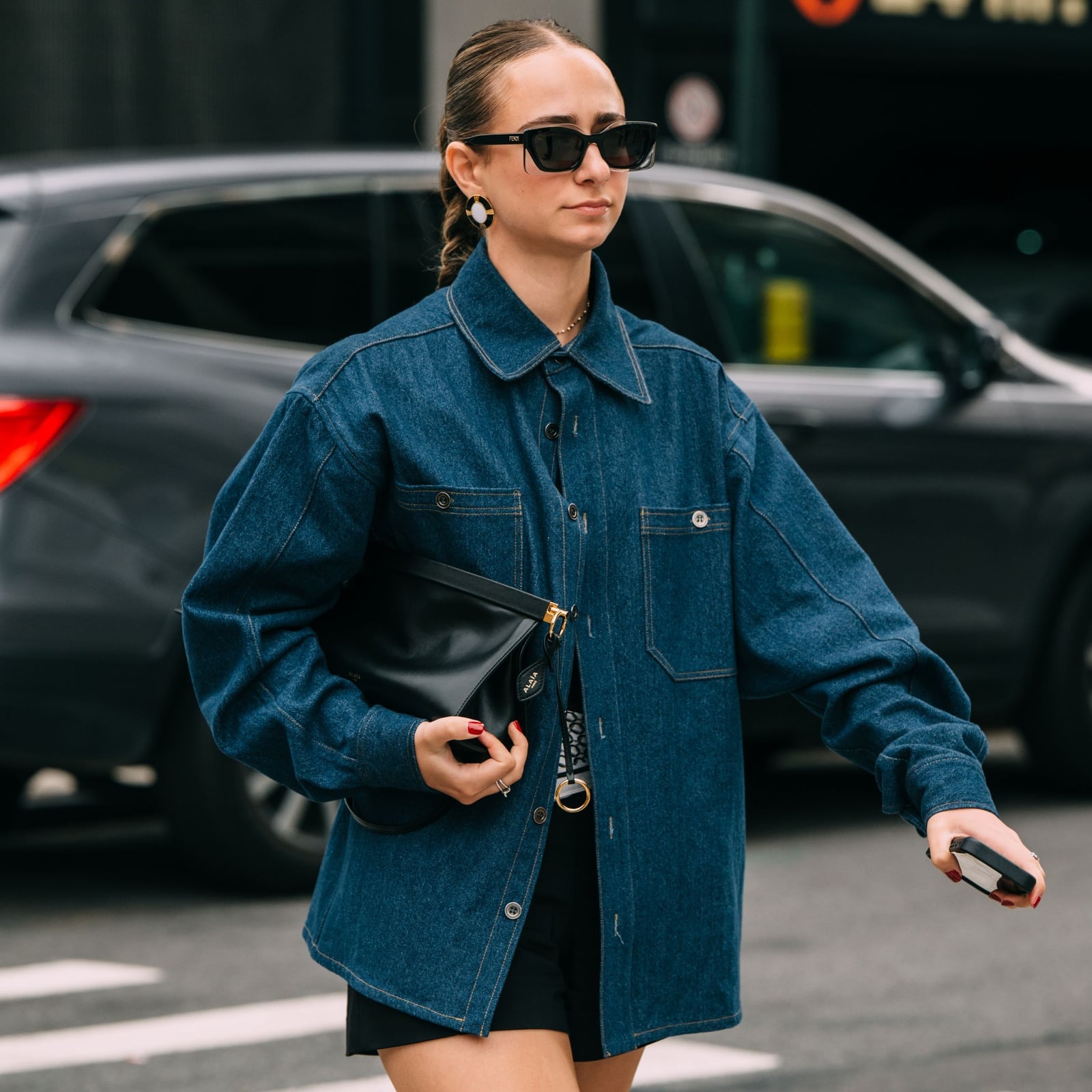 Denim Shirt Over Black Shorts with Chunky Loafers Denim Shirt Over Black Shorts with Chunky Loafers — Simple Button Down Outfits