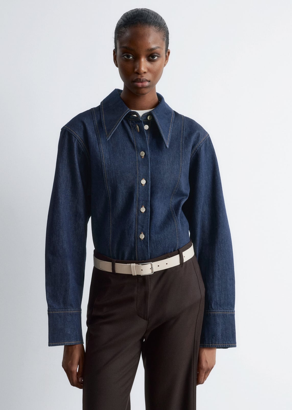 Dark Denim Shirt with White Tee and Brown Pants Dark Denim Shirt with White Tee and Brown Pants — Simple Button Down Outfits