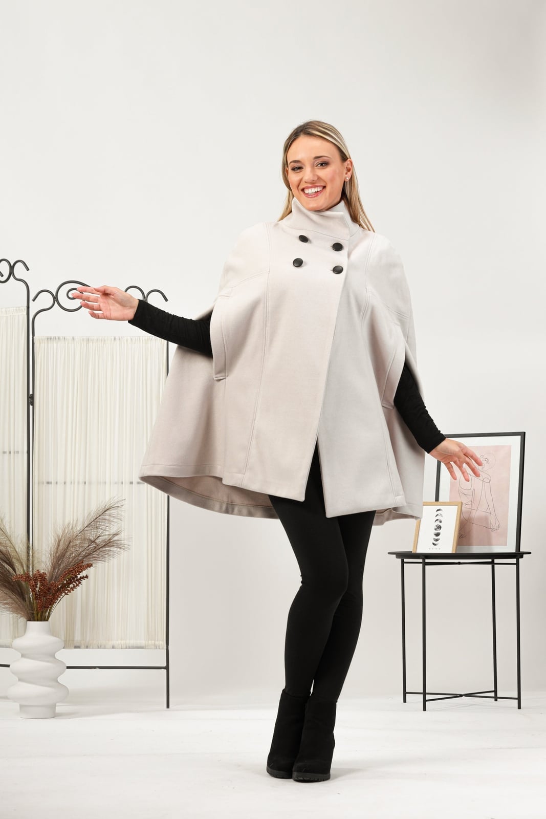 Cream Cape Coat with Double-Breasted Closure Cream Cape Coat with Double-Breasted Closure — Simple Cape Outfits