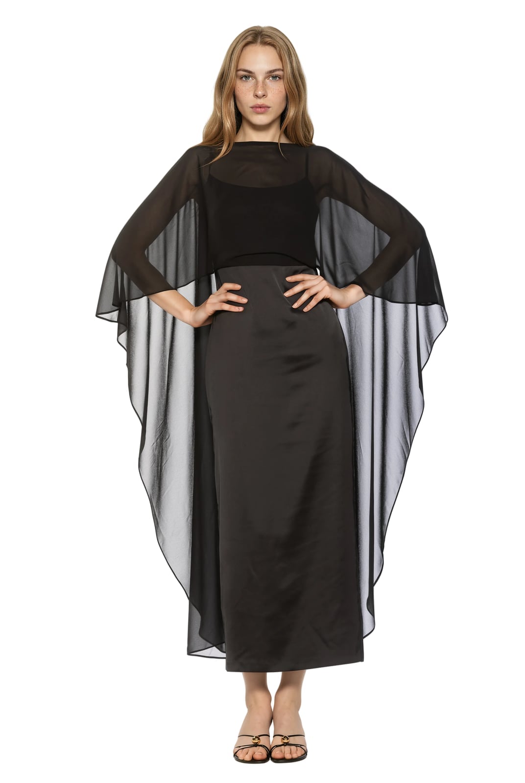 Sheer Cape Over Silk Column Skirt Sheer Cape Over Silk Column Skirt — Simple Cape Outfits