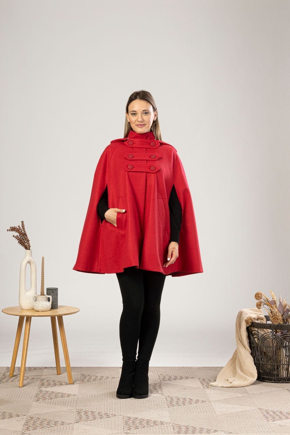 Raspberry Hooded Cape Coat for Casual Wear Simple Cape Outfits