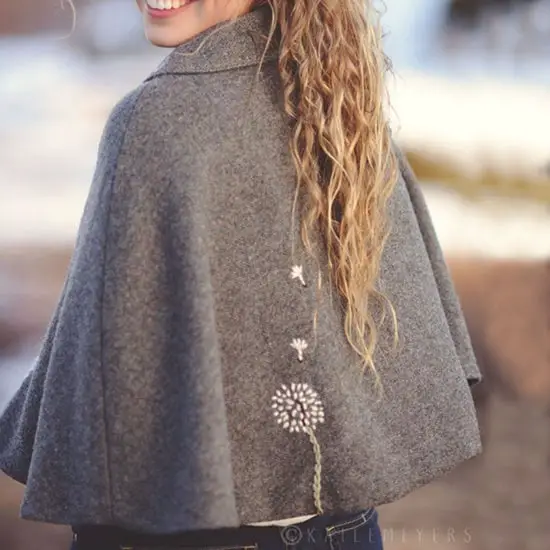 Back View of Gray Embroidered Wool Cape Back View of Gray Embroidered Wool Cape — Simple Cape Outfits