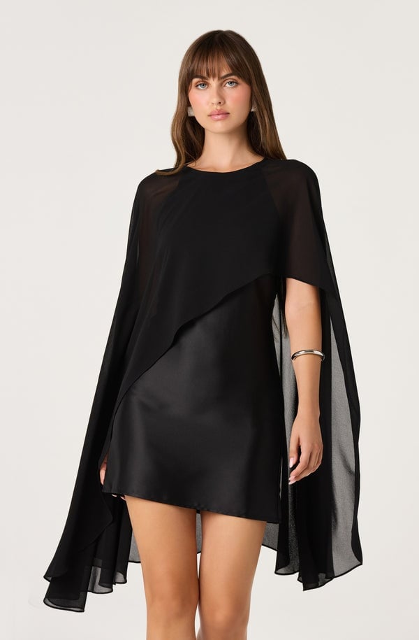 Black Satin Dress with Flowing Sheer Cape Black Satin Dress with Flowing Sheer Cape — Simple Cape Outfits