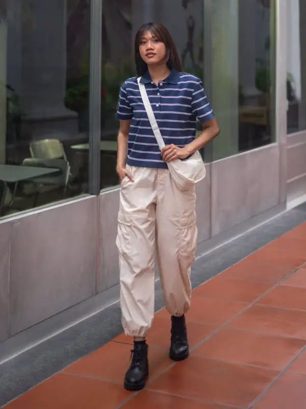 Beige Cargo Pants With Striped Polo Shirt — Simple Cargo Pants Outfits