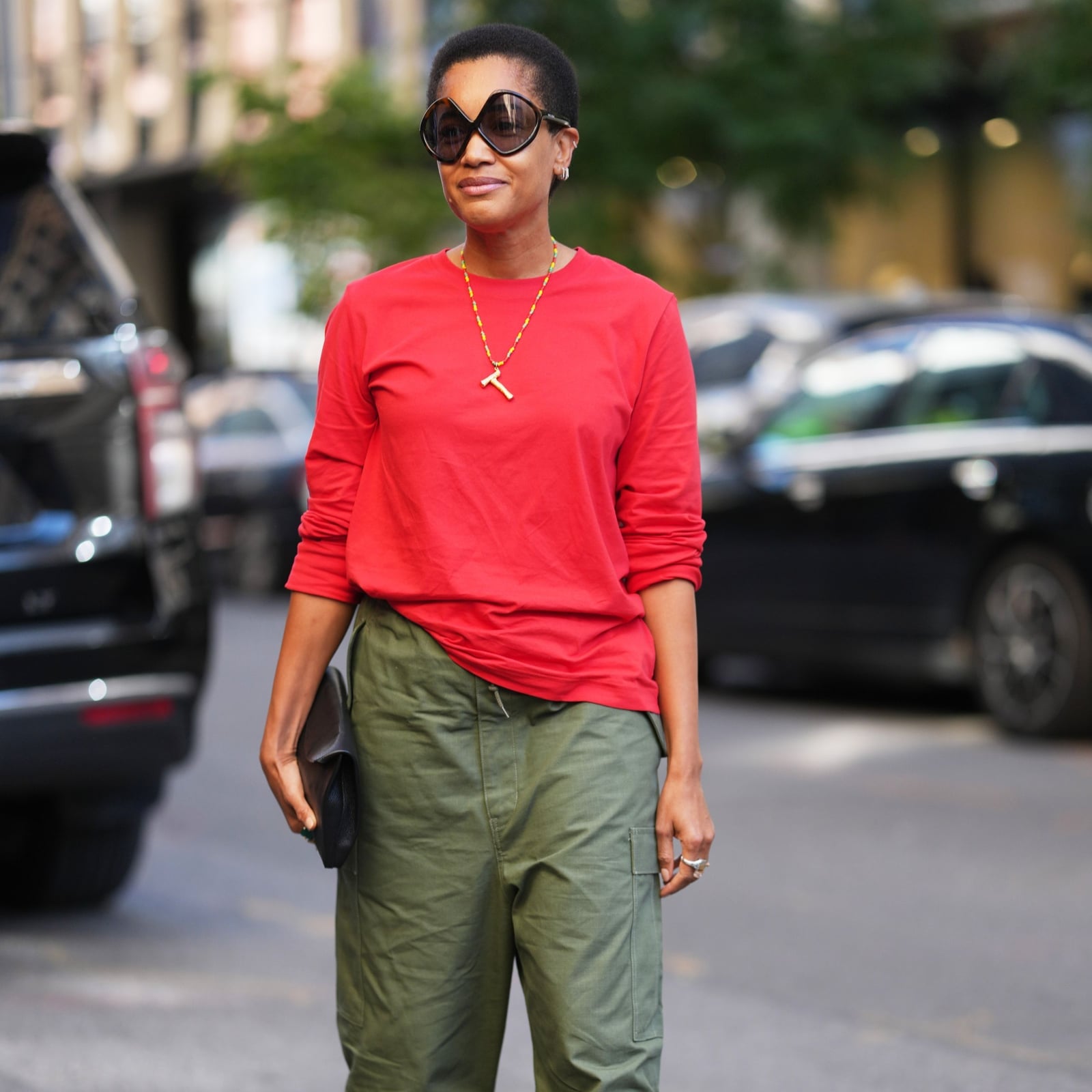 Olive Green Cargo Pants With Bold Red Top — Simple Cargo Pants Outfits