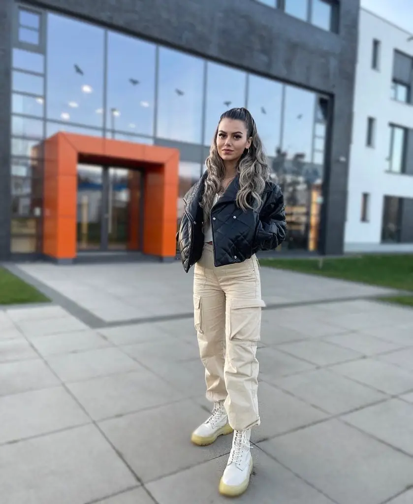 Beige Cargo Pants With Quilted Bomber Jacket and Relaxed Fit — Simple Cargo Pants Outfits