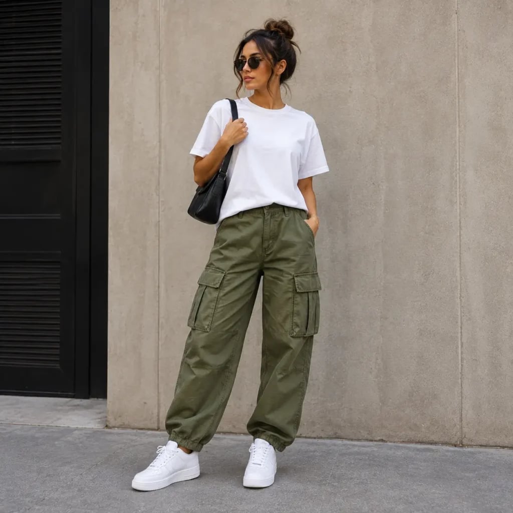 Olive Cargo Pants With Cuffed Ankles And White T-shirt — Simple Cargo Pants Outfits