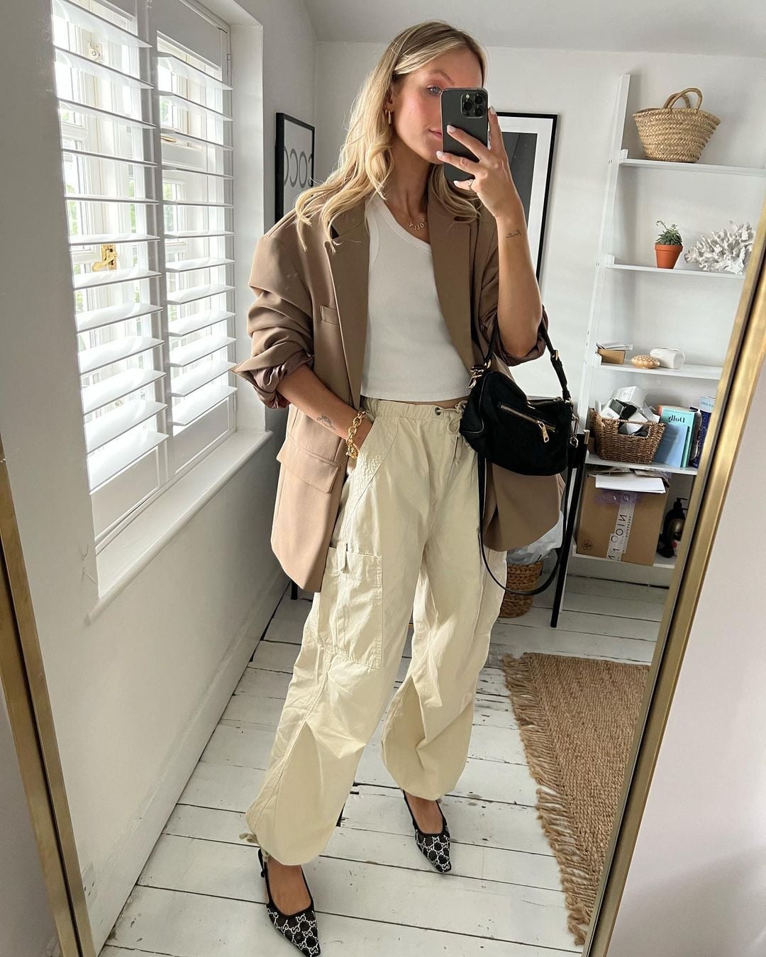Cream Balloon Leg Cargo Pants With Camel Blazer and White Tank Top — Simple Cargo Pants Outfits