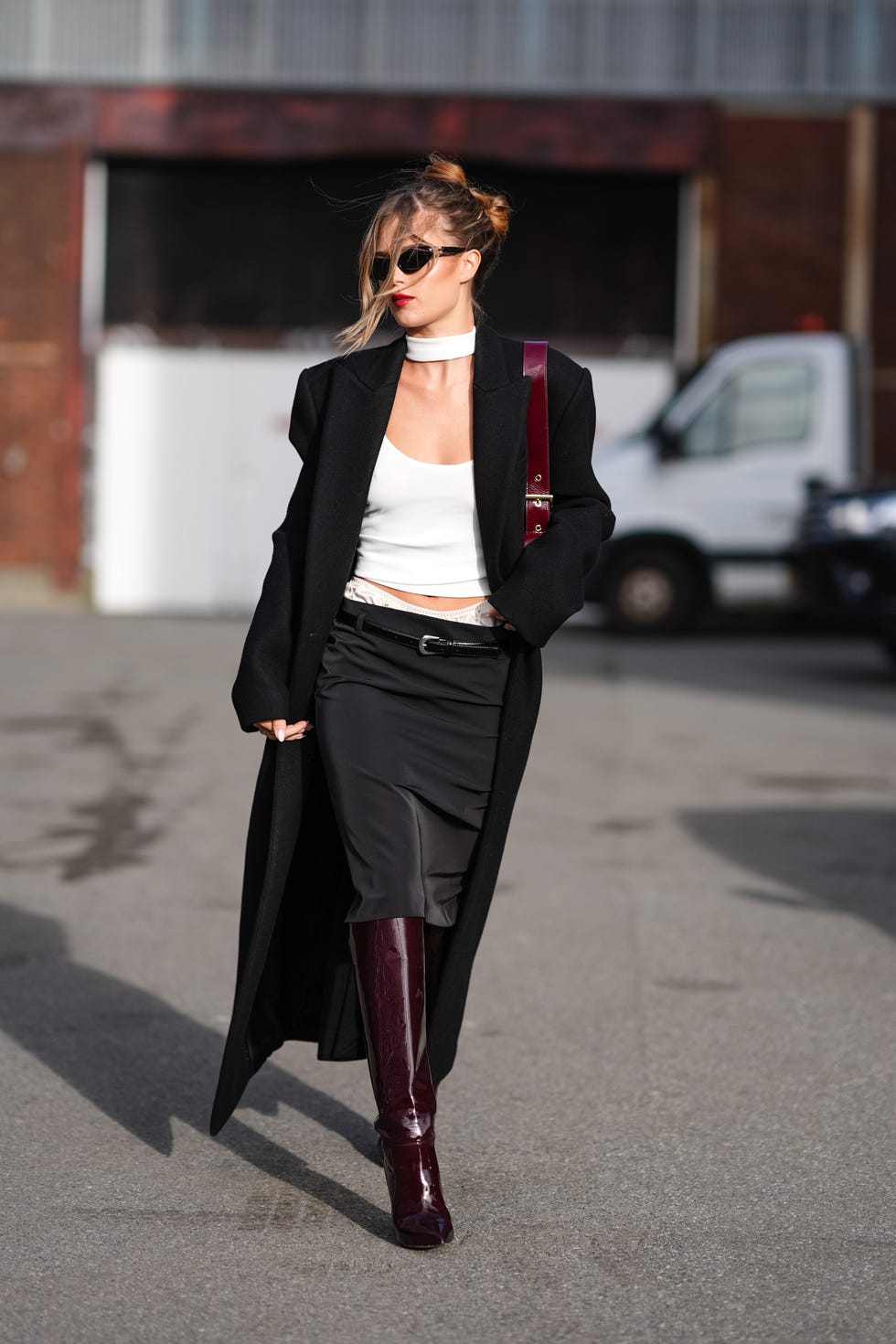 Black Maxi Coat Over White Crop Top and Slip Skirt Black Maxi Coat Over White Crop Top and Slip Skirt — Simple Casino Outfits