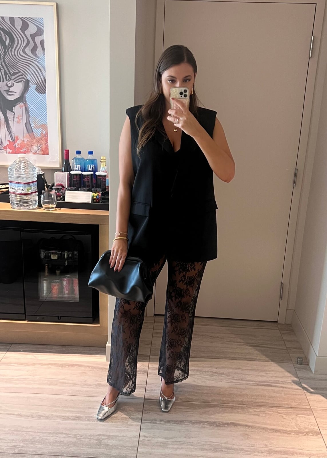 Sleeveless Black Vest Over Lace Trousers Sleeveless Black Vest Over Lace Trousers — Simple Casino Outfits