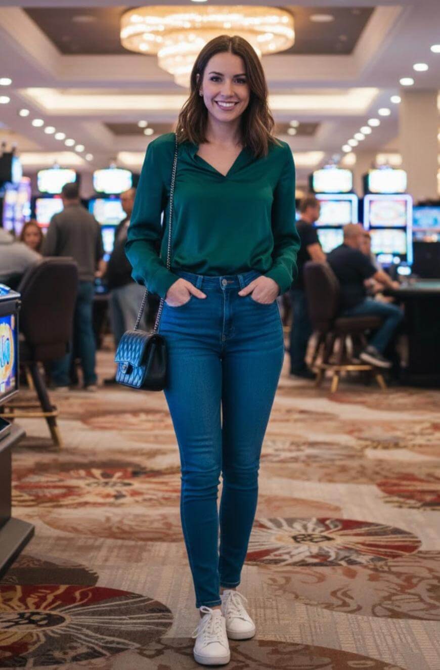 Teal Green Satin Blouse with Fitted Jeans Teal Green Satin Blouse with Fitted Jeans — Simple Casino Outfits