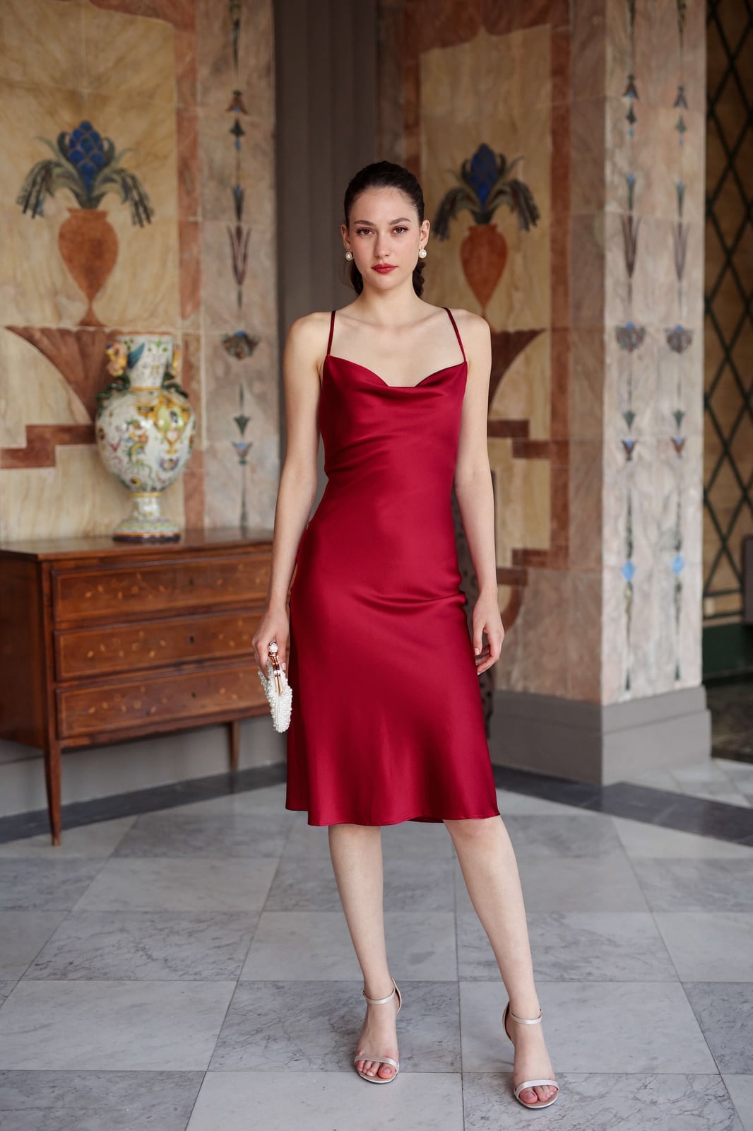 Deep Red Satin Slip Dress with Cowl Neck Deep Red Satin Slip Dress with Cowl Neck — Simple Casino Outfits
