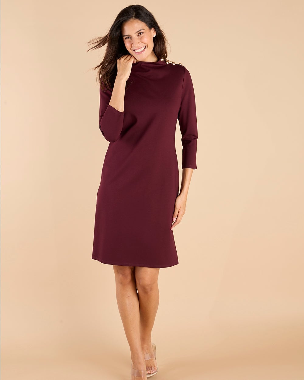 Burgundy Shift Dress With Block Heels Burgundy Shift Dress With Block Heels — Simple Casual Dresses Outfits