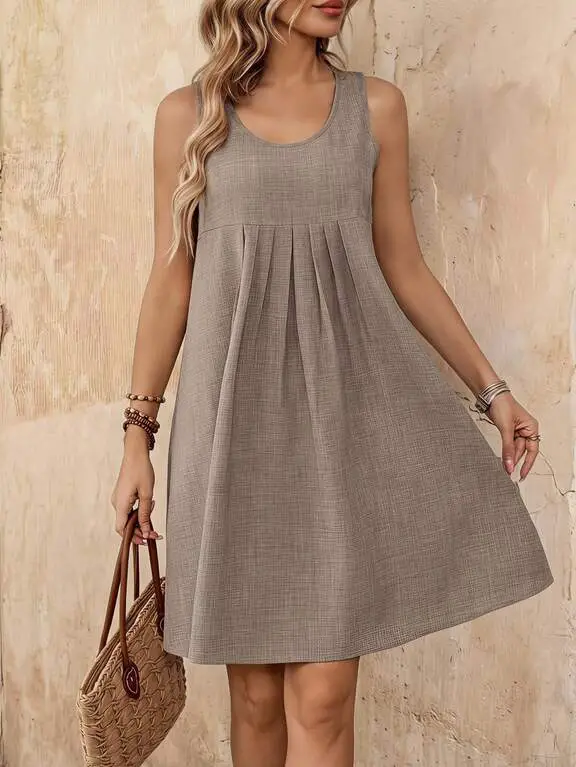 Taupe A-Line Dress With Pleated Bodice Taupe A-Line Dress With Pleated Bodice — Simple Casual Dresses Outfits