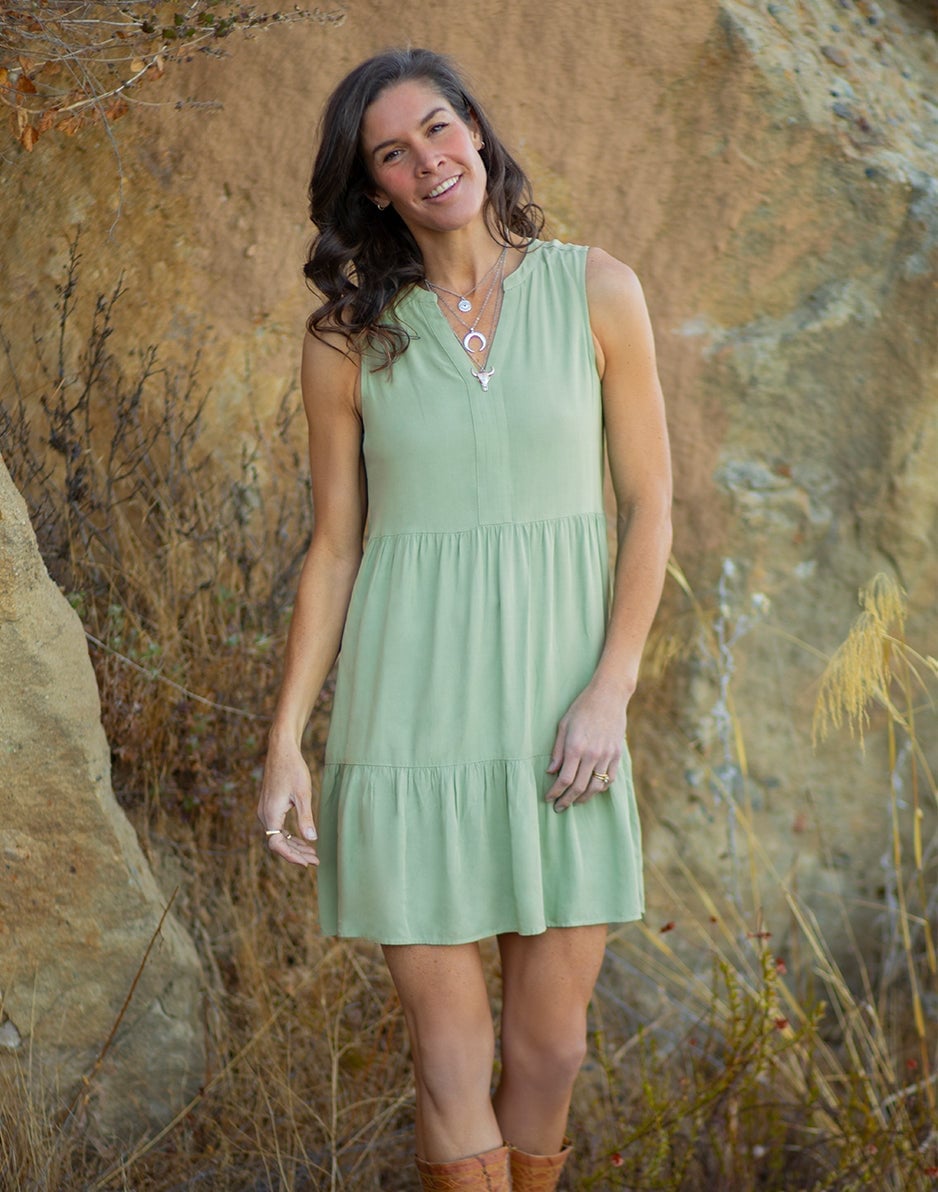 Sage Green Tiered Dress With Cowboy Boots Sage Green Tiered Dress With Cowboy Boots — Simple Casual Dresses Outfits