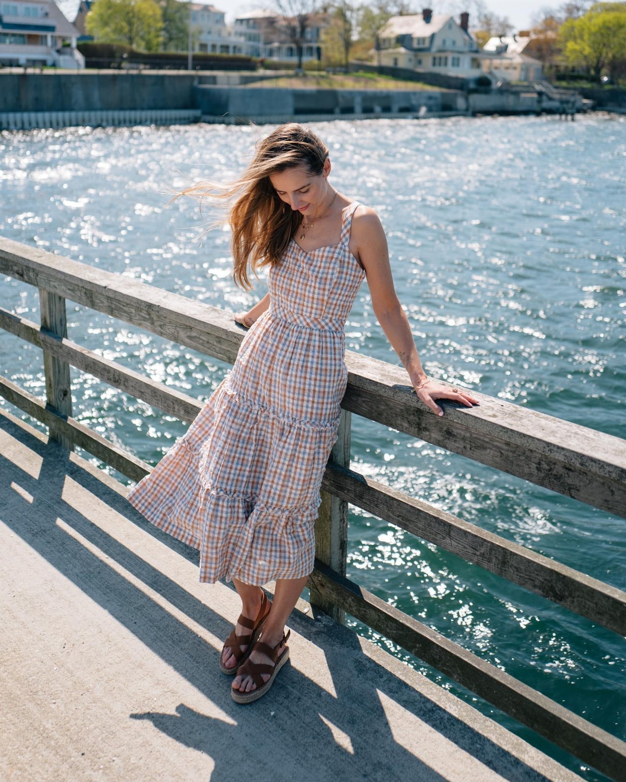 Gingham Tiered Midi Dress With Espadrilles Gingham Tiered Midi Dress With Espadrilles — Simple Casual Dresses Outfits