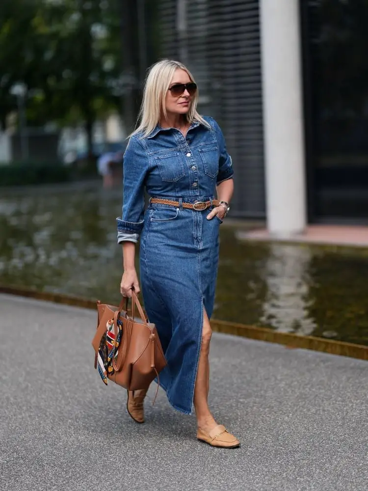 Denim Shirt Dress With Woven Belt Denim Shirt Dress With Woven Belt — Simple Casual Dresses Outfits