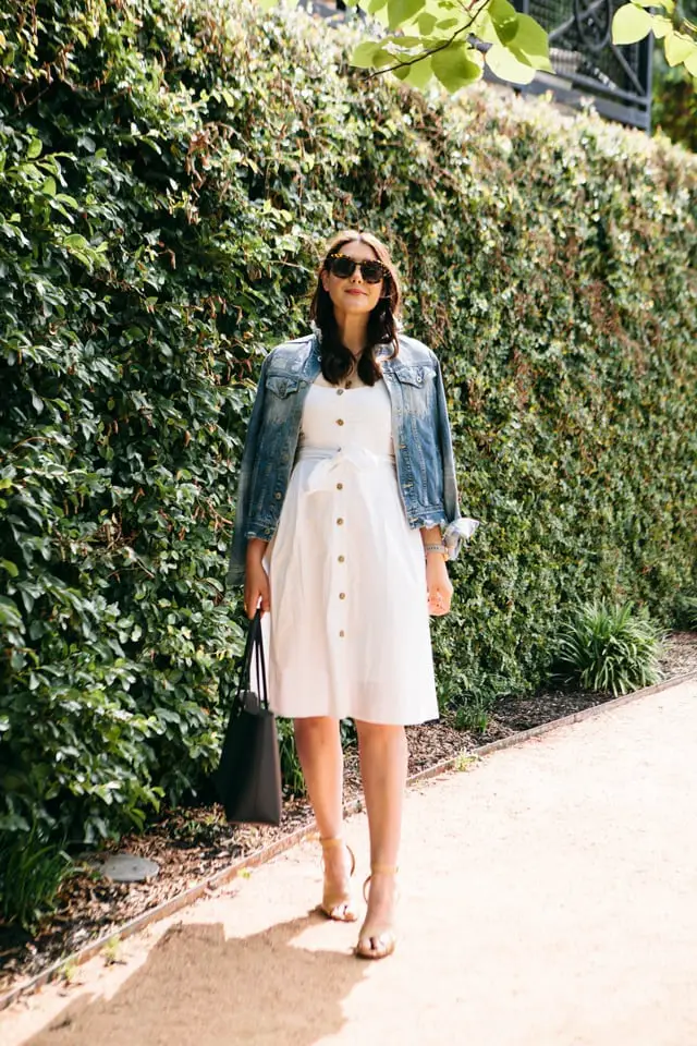 White Button-Front Dress With Denim Jacket White Button-Front Dress With Denim Jacket — Simple Casual Dresses Outfits