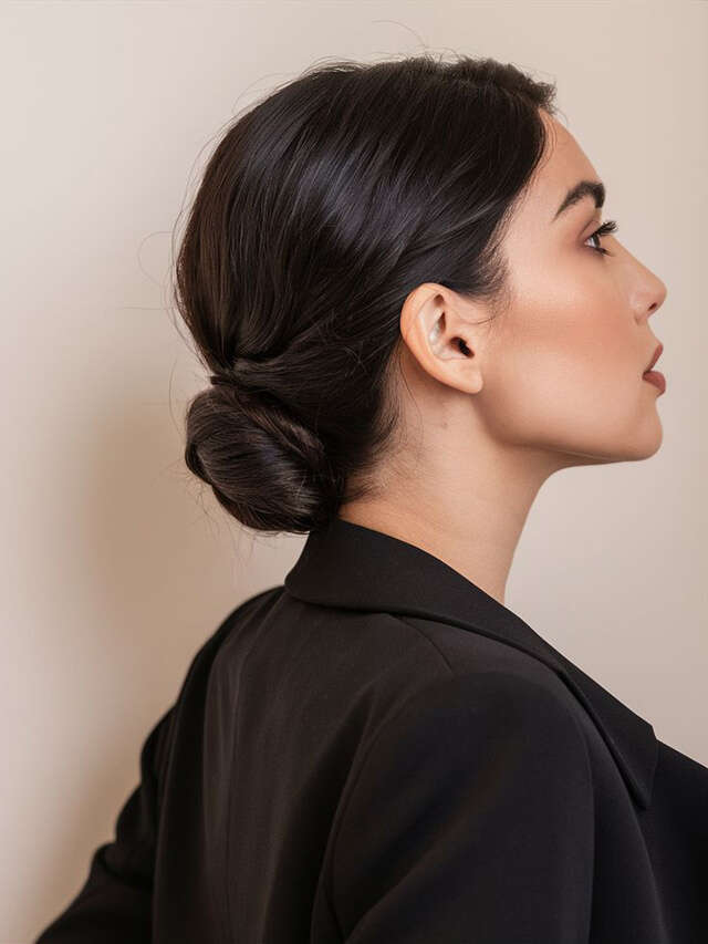 Shoulder-Length Low Bun With Wispy Bangs Shoulder-Length Low Bun With Wispy Bangs — Simple Casual Hairstyles