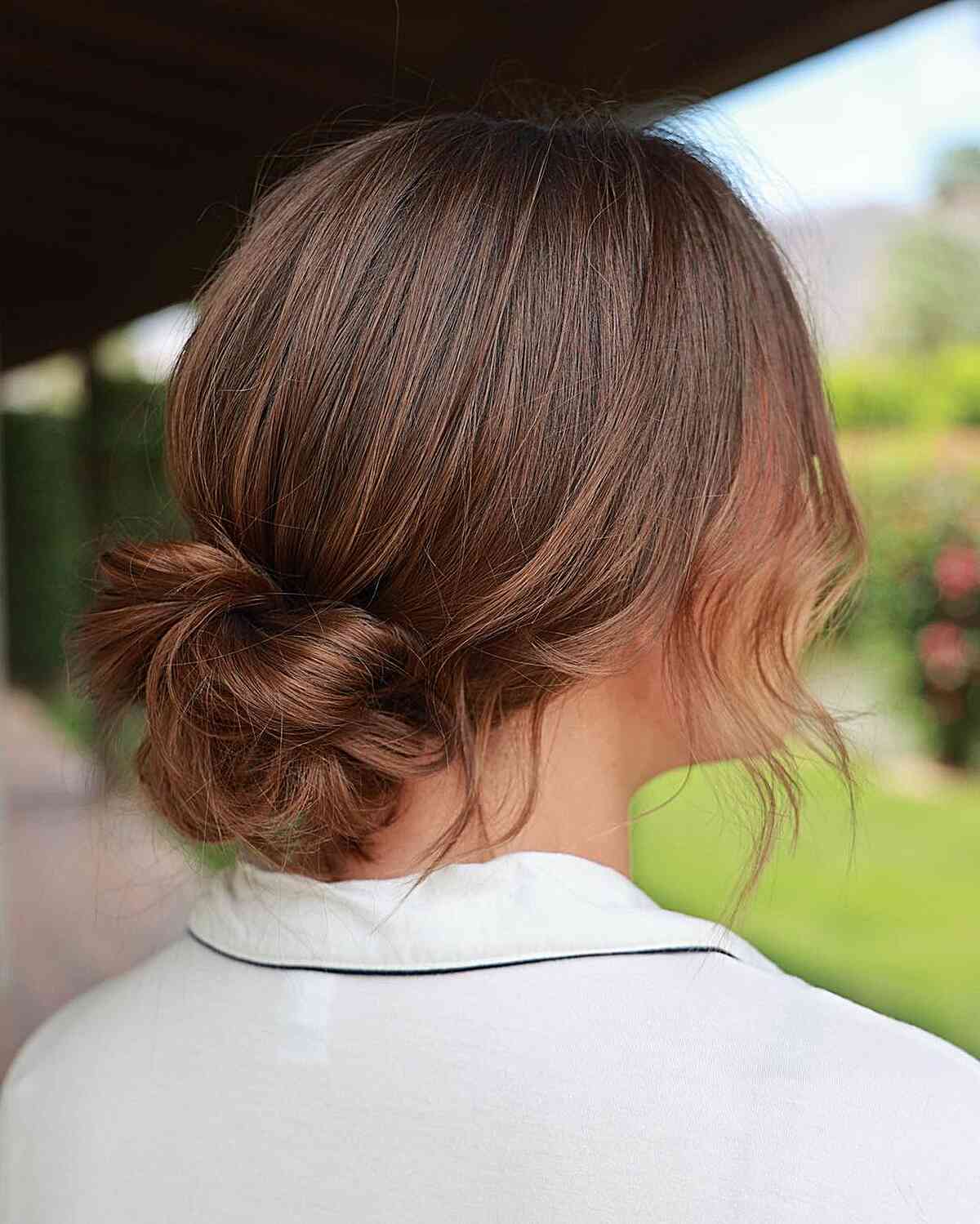 Messy Bun With Warm Brown Subtle Tones Messy Bun With Warm Brown Subtle Tones — Simple Casual Updo