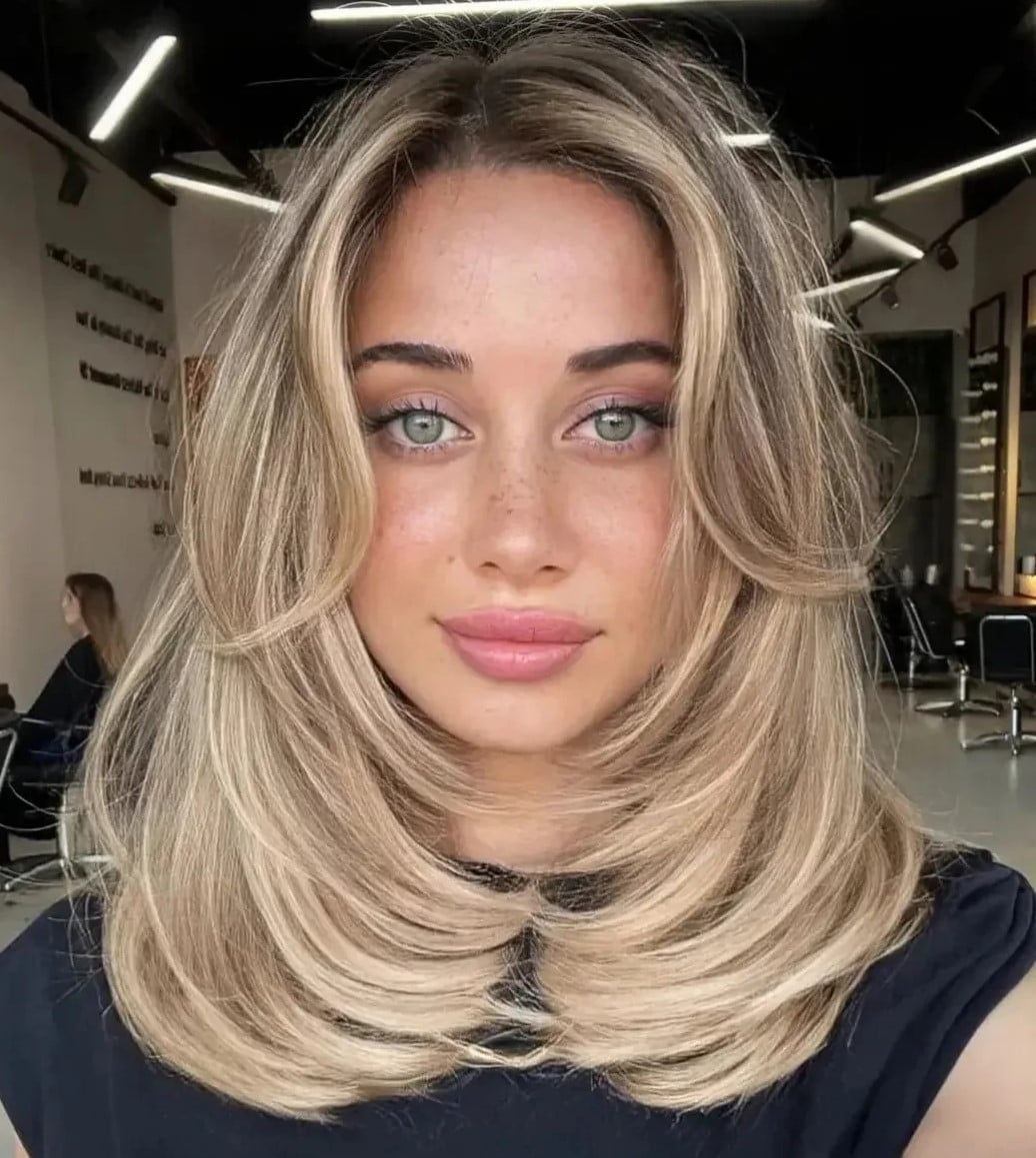 Collarbone Waves With Curtain Bangs — Simple Champagne Blonde