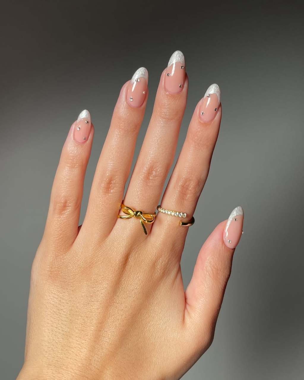 Almond French With Rhinestones Almond French With Rhinestones — Simple Champagne Nails