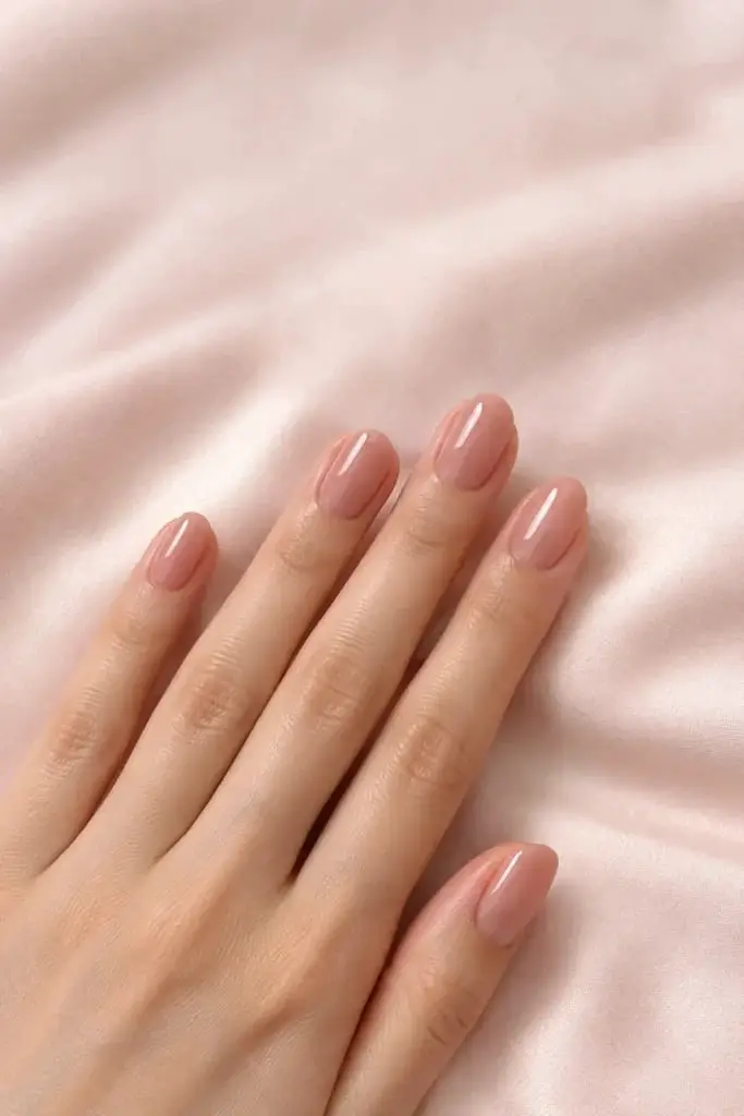 Nude Pink Pearlescent Oval Nails Nude Pink Pearlescent Oval Nails — Simple Champagne Nails