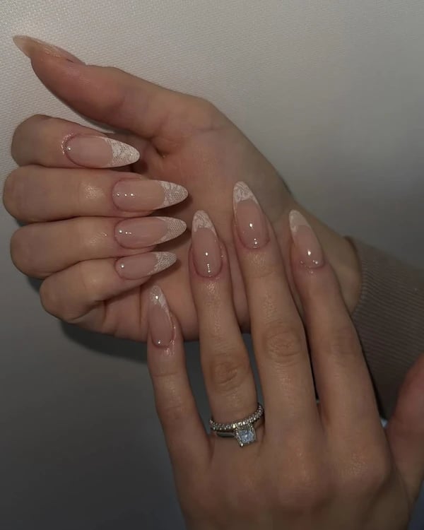 Long Almond Lace French Manicure Long Almond Lace French Manicure — Simple Champagne Nails