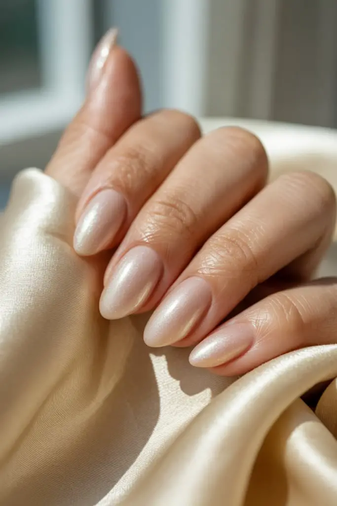 Almond French Tips In Pale Champagne Almond French Tips In Pale Champagne — Simple Champagne Nails
