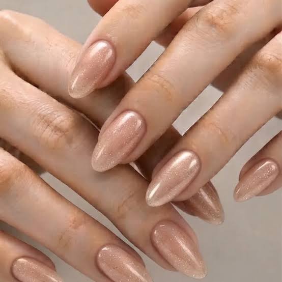 Shimmering Champagne Nude Almond Nails Shimmering Champagne Nude Almond Nails — Simple Champagne Nails