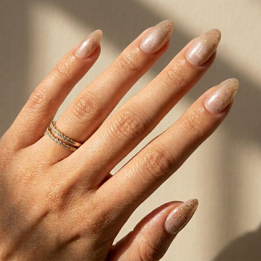 Sheer Champagne Shimmer Almond Nails Sheer Champagne Shimmer Almond Nails — Simple Champagne Nails