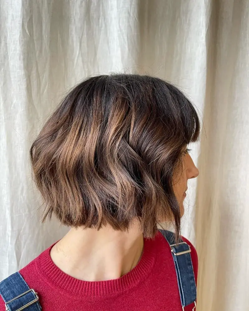 Dark Brown Bob With Curtain Bangs and Waves Dark Brown Bob With Curtain Bangs and Waves — Simple Chin Length Bob