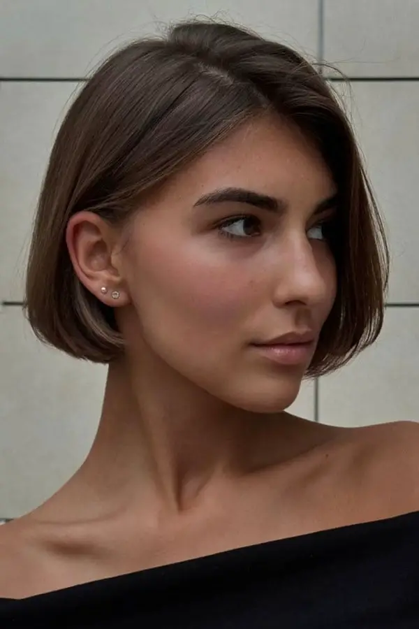 Classic Dark Brown Sleek Bob With Clean Line Classic Dark Brown Sleek Bob With Clean Line — Simple Chin Length Bob