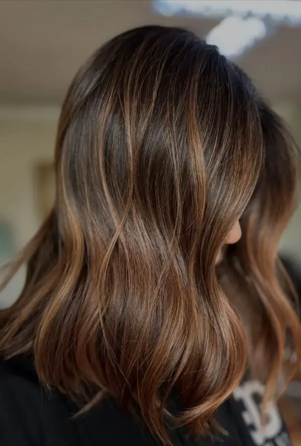 Shoulder Length Chocolate With Warm Blonde Balayage Shoulder Length Chocolate With Warm Blonde Balayage — Simple Chocolate Balayage