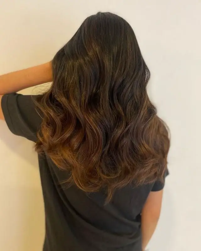 Mid-Back Dark Brown With Subtle Chocolate Balayage, Close-Up Take Mid-Back Dark Brown With Subtle Chocolate Balayage, Close-Up Take — Simple Chocolate Balayage