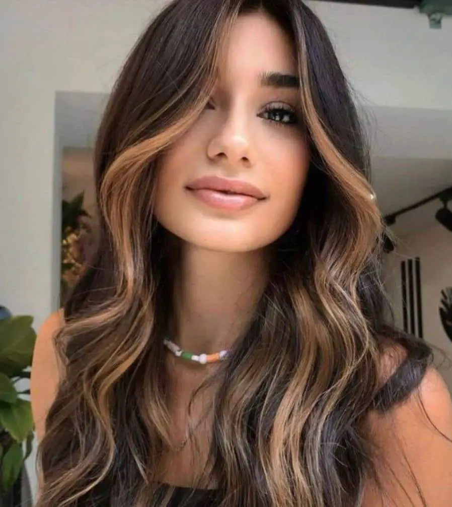 Collarbone Layered Cut With Caramel Money Piece Collarbone Layered Cut With Caramel Money Piece — Simple Chocolate Balayage