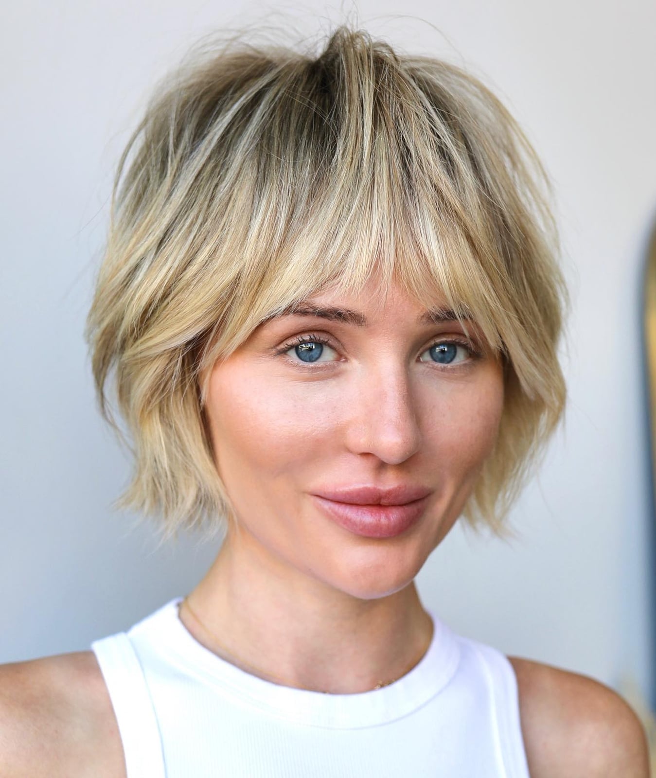 Chin Length Bob With Curtain Bangs and Root Shadow Chin Length Bob With Curtain Bangs and Root Shadow — Simple Choppy Bob Hairstyles