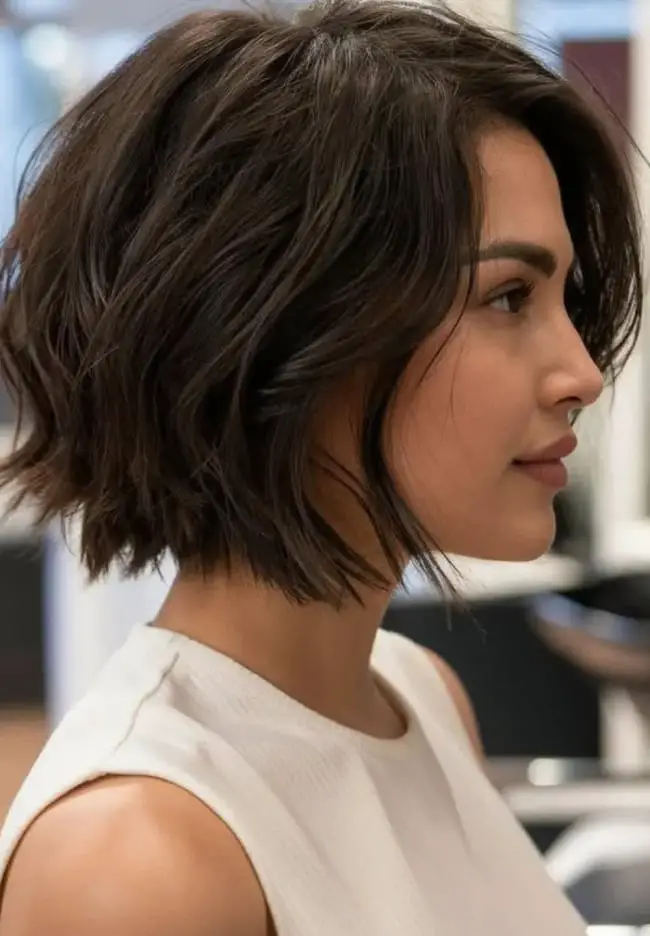 Chin Length Choppy Bob With Tousled Texture and Dark, Close-Up Take Chin Length Choppy Bob With Tousled Texture and Dark, Close-Up Take — Simple Choppy Bob Hairstyles
