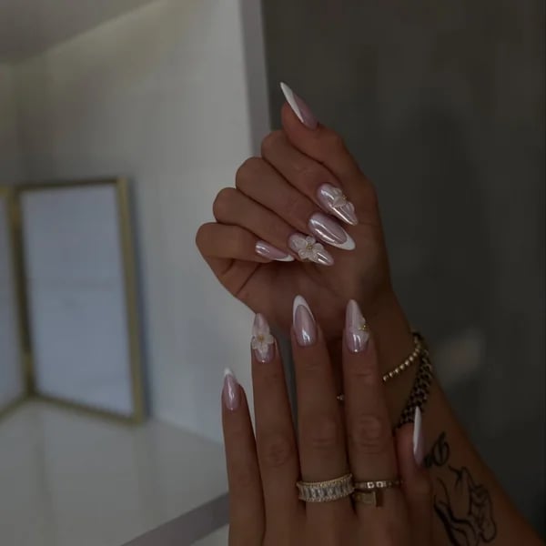 Almond Nails With White French Tips and 3D Flowers Almond Nails With White French Tips and 3D Flowers — Simple Chrome French Tip Nails