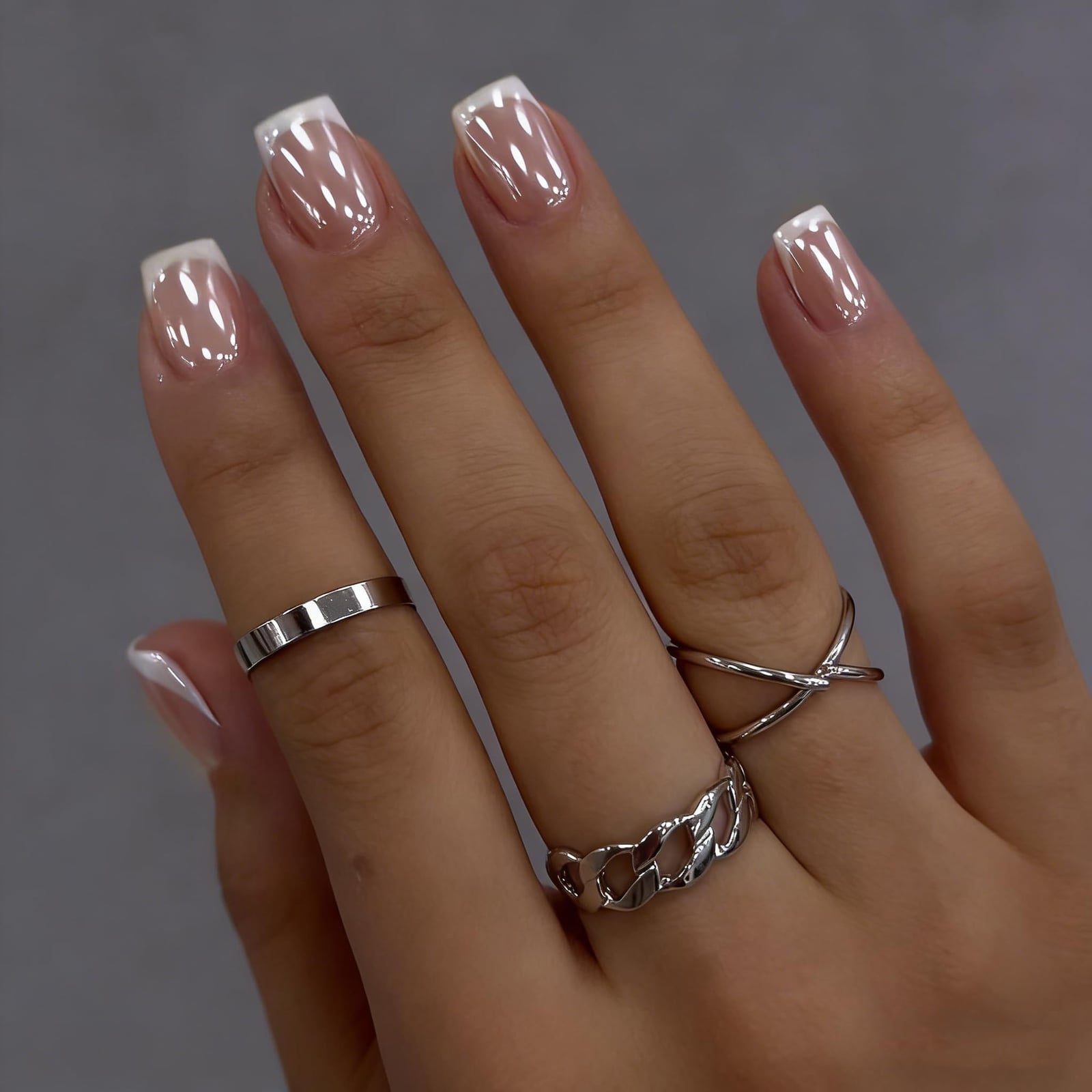 Short Soft Square Nails With Mirror White Tips Short Soft Square Nails With Mirror White Tips — Simple Chrome French Tip Nails