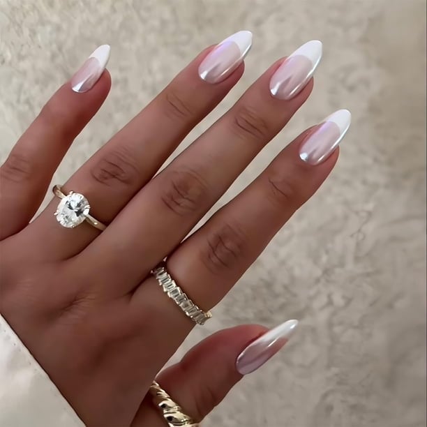 Medium Almond Nails With Subtle Chrome Pink Tips Medium Almond Nails With Subtle Chrome Pink Tips — Simple Chrome French Tip Nails